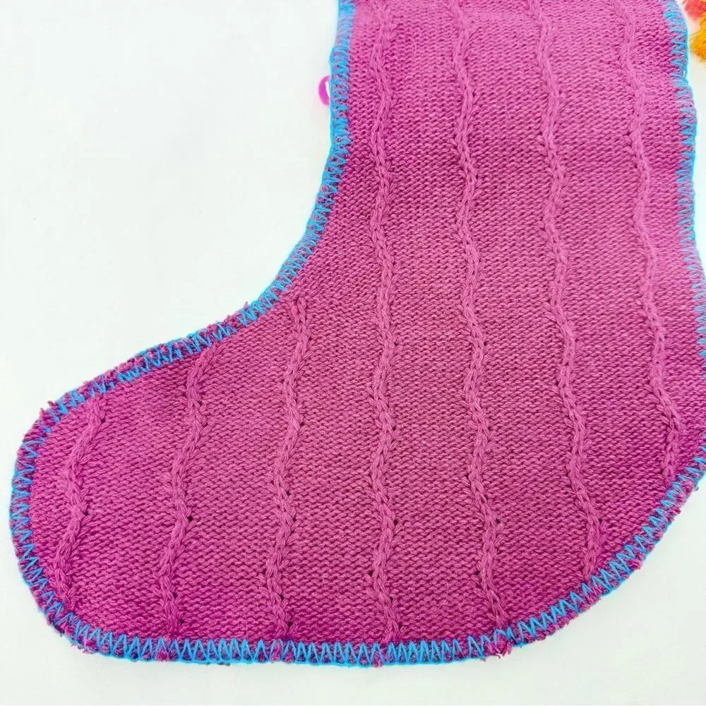 Natural Life Set of 3 Boho Christmas Stockings Purple Cable Knit PomPom Trim
